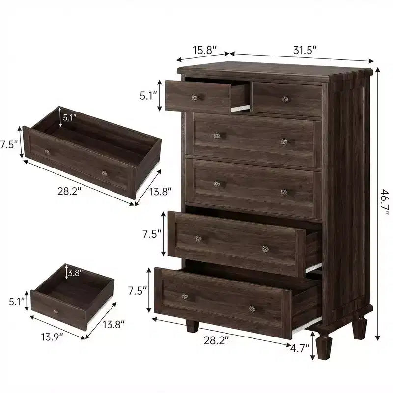 Vintage 6-Drawer Dresser with Tapered Legs, Tall Wooden Chest for Bedroom, Living Room, or Entryway, Distressed Wood Finish
