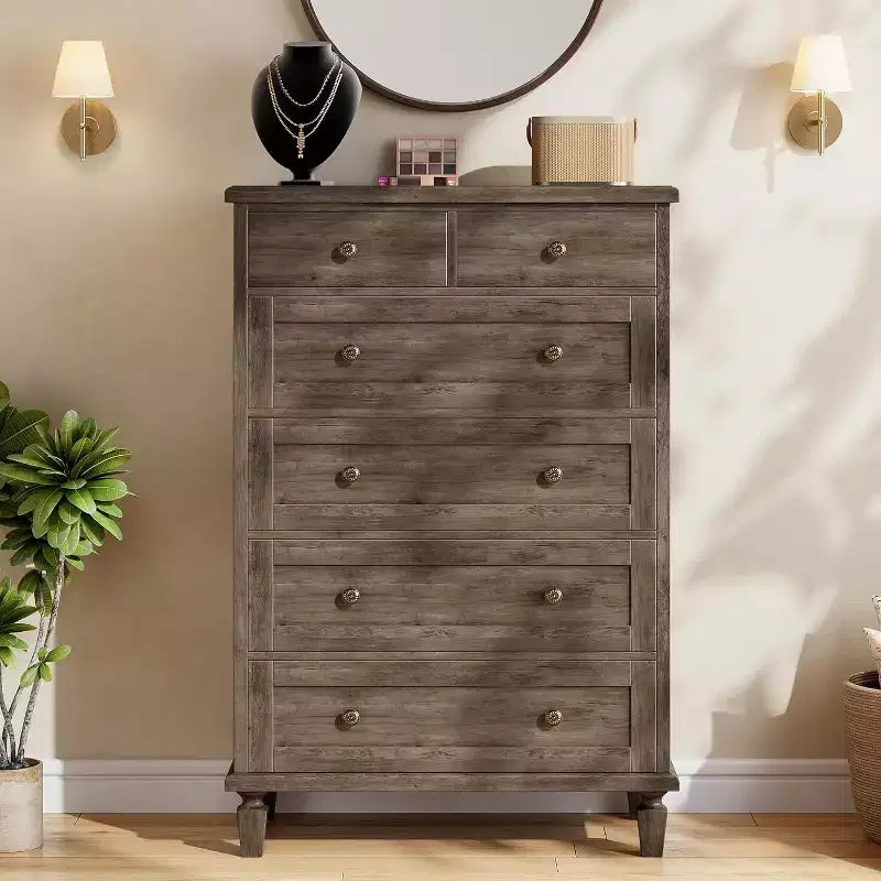 Vintage 6-Drawer Dresser with Tapered Legs, Tall Wooden Chest for Bedroom, Living Room, or Entryway, Distressed Wood Finish