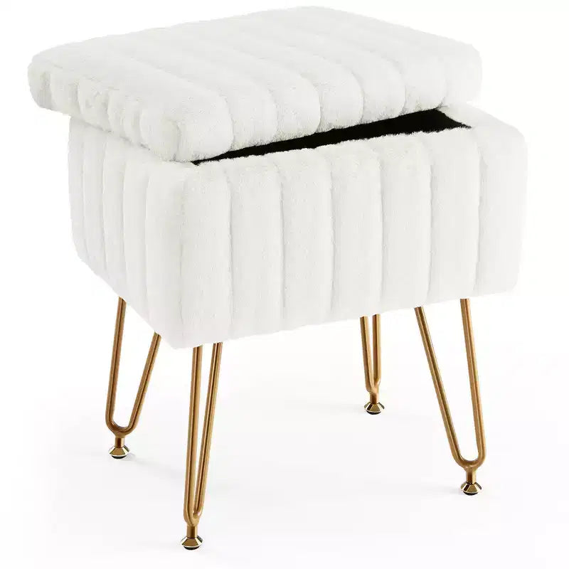 Faux Fur Padded Makeup Ottoman, 4 Metal Legs with Adjustable Anti-Slip Feet and Storage