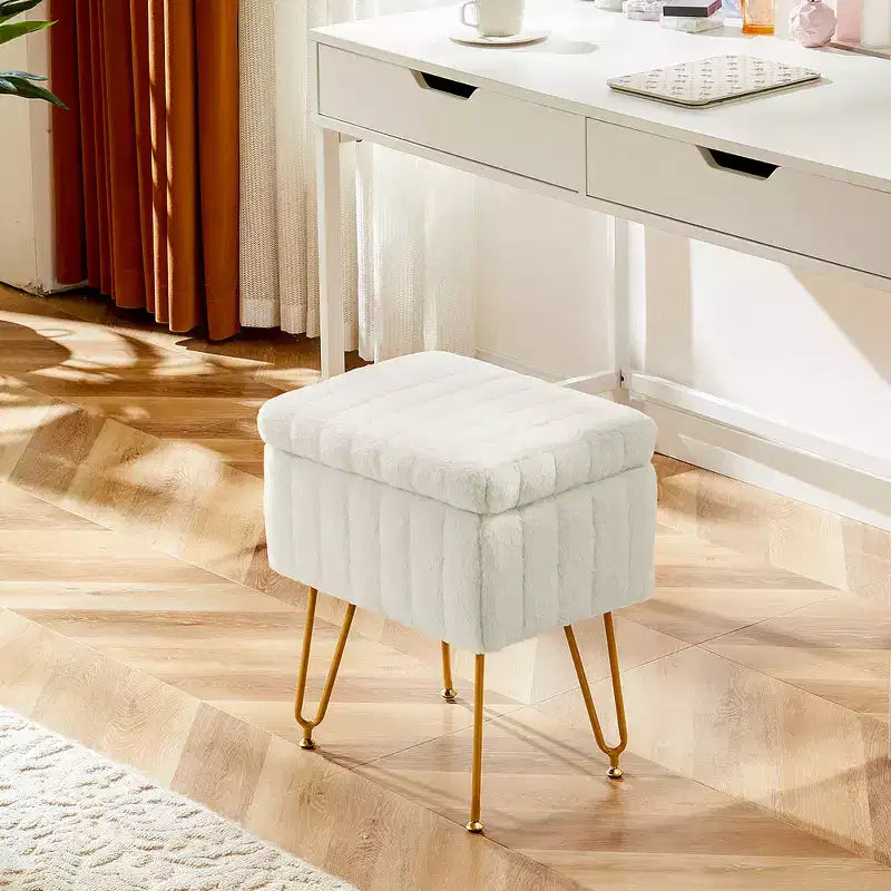 Faux Fur Padded Makeup Ottoman, 4 Metal Legs with Adjustable Anti-Slip Feet and Storage