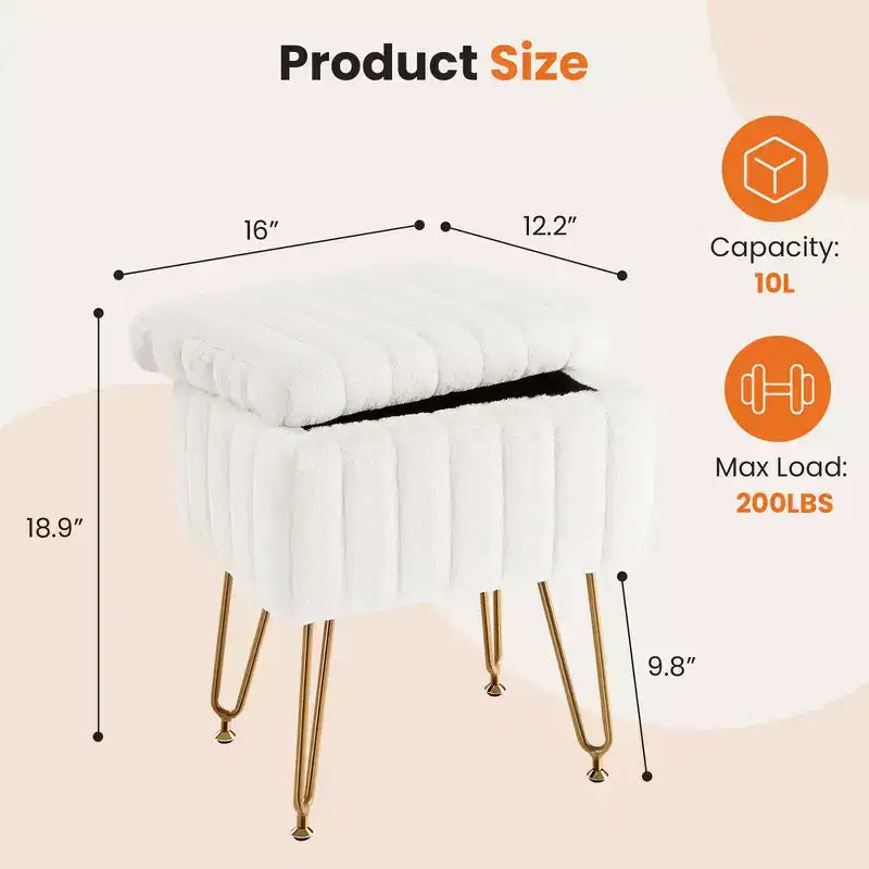 Faux Fur Padded Makeup Ottoman, 4 Metal Legs with Adjustable Anti-Slip Feet and Storage