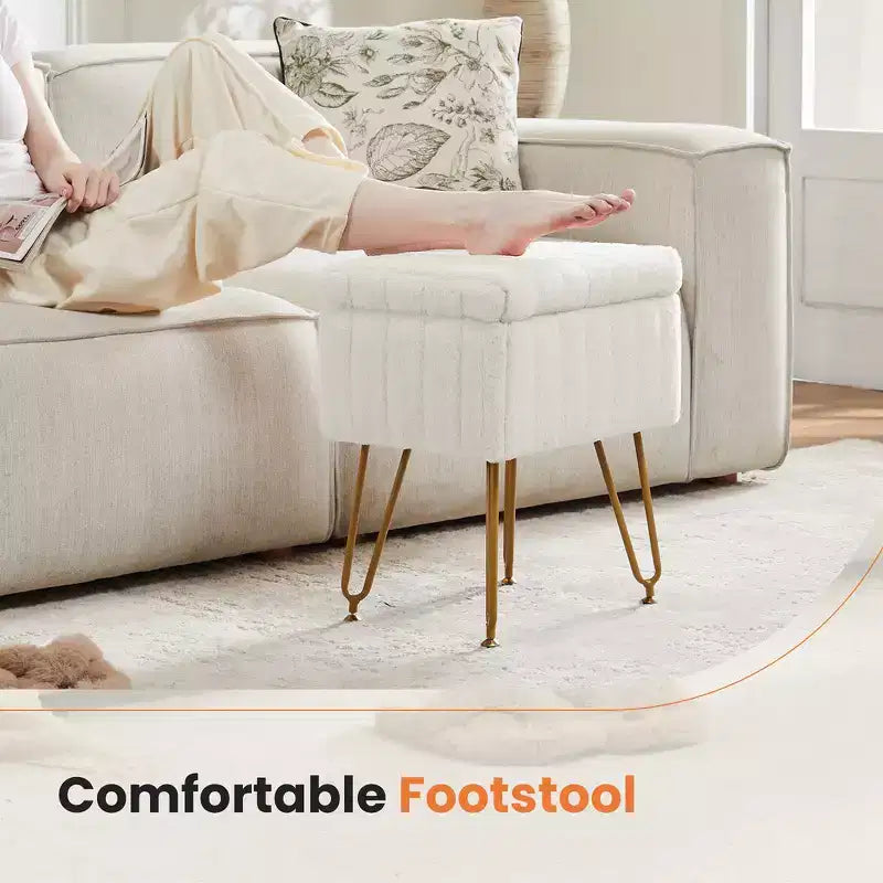 Faux Fur Padded Makeup Ottoman, 4 Metal Legs with Adjustable Anti-Slip Feet and Storage
