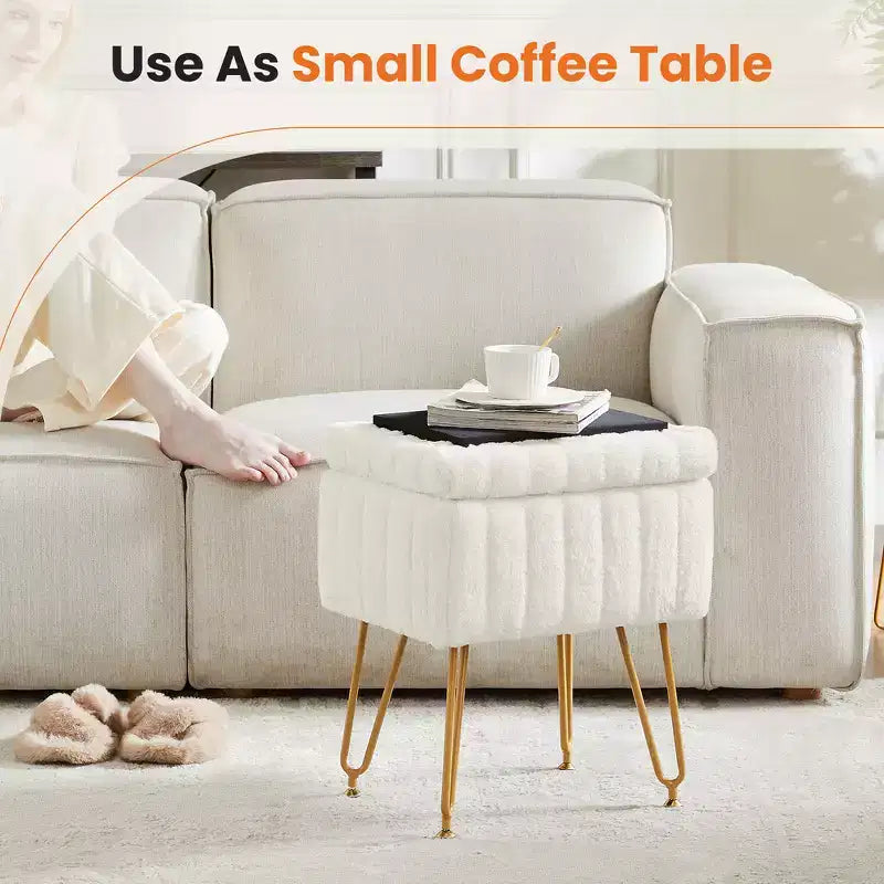 Faux Fur Padded Makeup Ottoman, 4 Metal Legs with Adjustable Anti-Slip Feet and Storage
