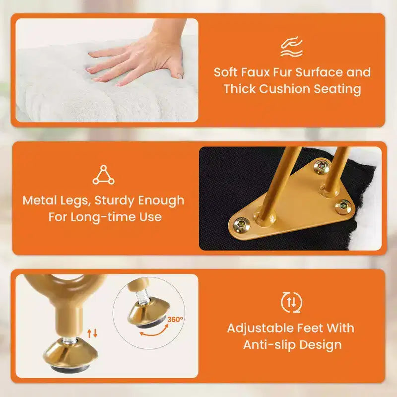 Faux Fur Padded Makeup Ottoman, 4 Metal Legs with Adjustable Anti-Slip Feet and Storage