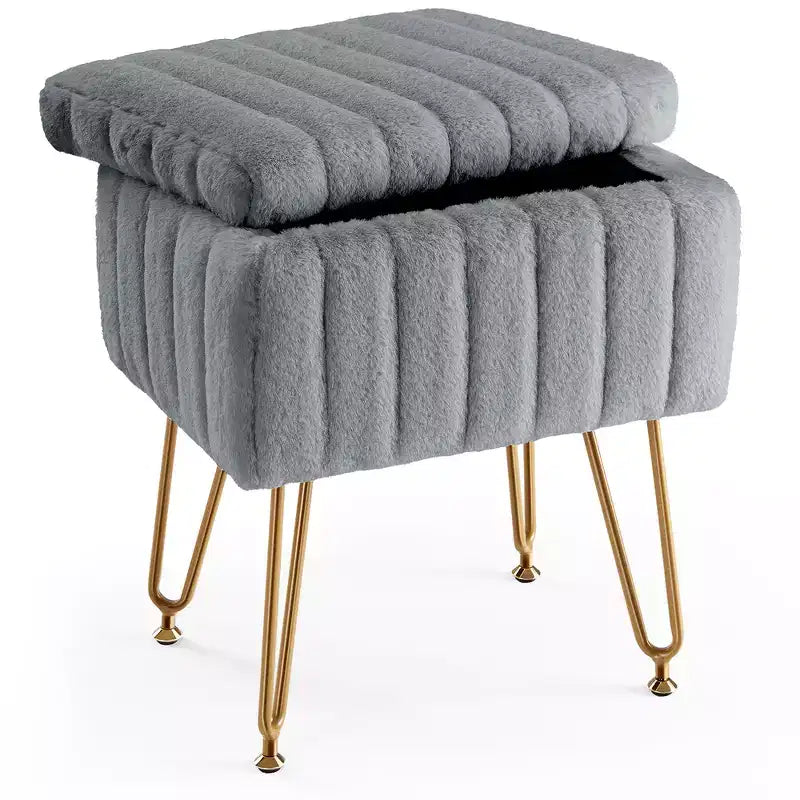 Faux Fur Padded Makeup Ottoman, 4 Metal Legs with Adjustable Anti-Slip Feet and Storage