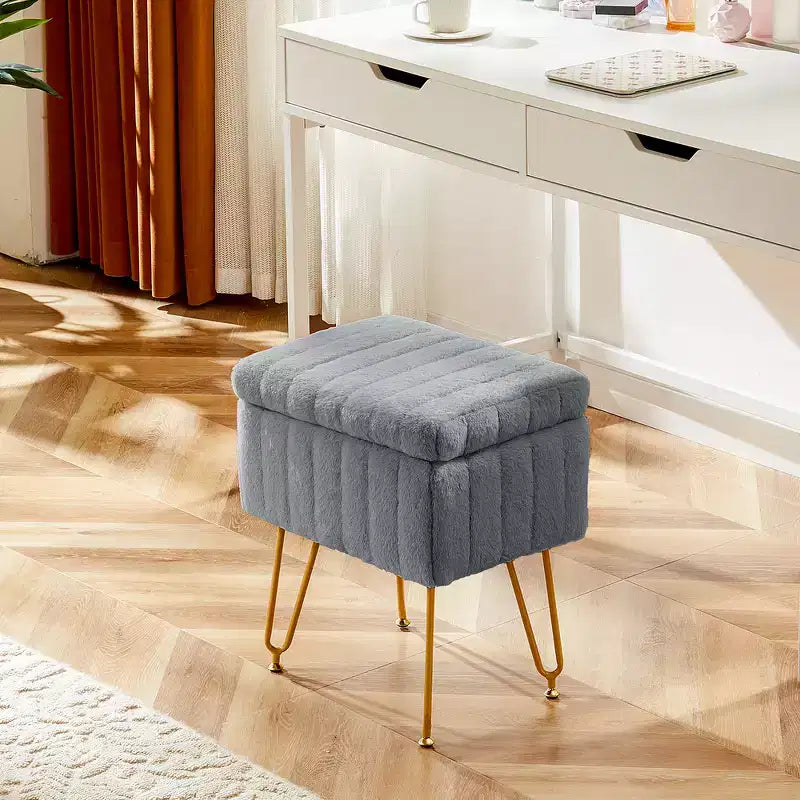 Faux Fur Padded Makeup Ottoman, 4 Metal Legs with Adjustable Anti-Slip Feet and Storage