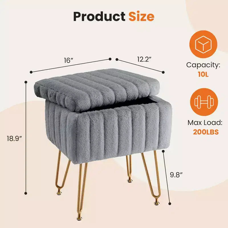 Faux Fur Padded Makeup Ottoman, 4 Metal Legs with Adjustable Anti-Slip Feet and Storage