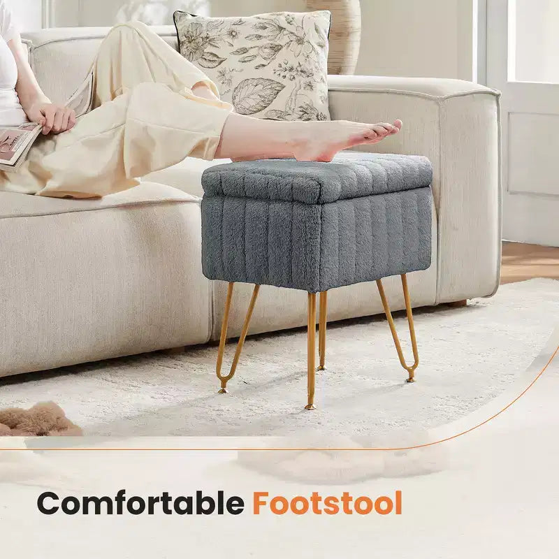Faux Fur Padded Makeup Ottoman, 4 Metal Legs with Adjustable Anti-Slip Feet and Storage