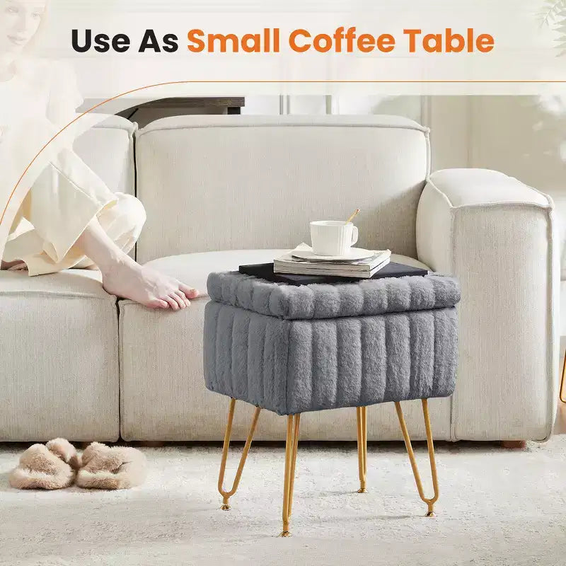 Faux Fur Padded Makeup Ottoman, 4 Metal Legs with Adjustable Anti-Slip Feet and Storage