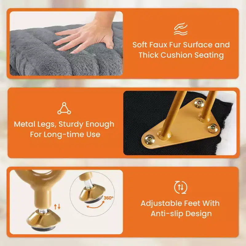 Faux Fur Padded Makeup Ottoman, 4 Metal Legs with Adjustable Anti-Slip Feet and Storage