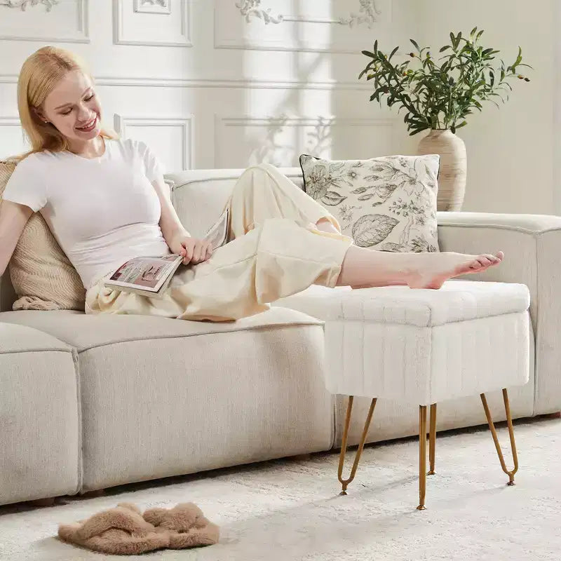 Faux Fur Padded Makeup Ottoman, 4 Metal Legs with Adjustable Anti-Slip Feet and Storage
