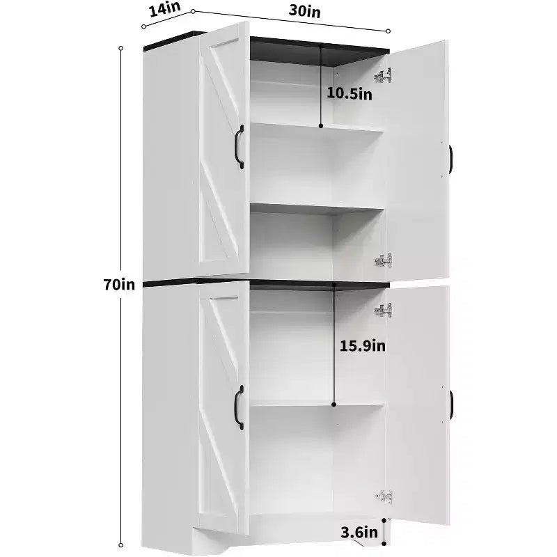 69 Farmhouse Kitchen Pantry Cabinet with 4 Doors & 2 Adjustable Shelves, Freestanding Storage Cupboard for Dining Room, Living Room, or Kitchen