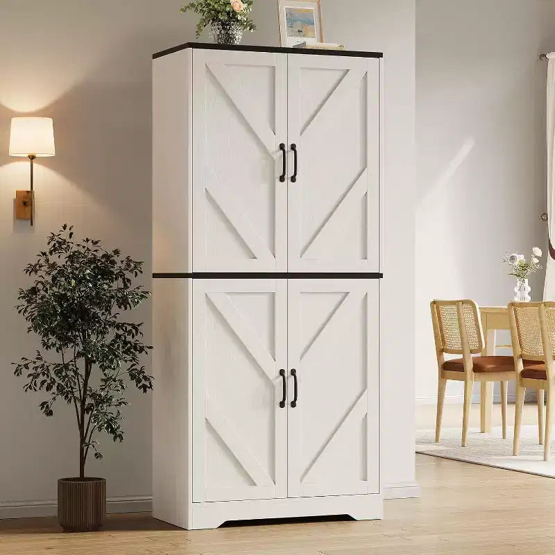 69 Farmhouse Kitchen Pantry Cabinet with 4 Doors & 2 Adjustable Shelves, Freestanding Storage Cupboard for Dining Room, Living Room, or Kitchen