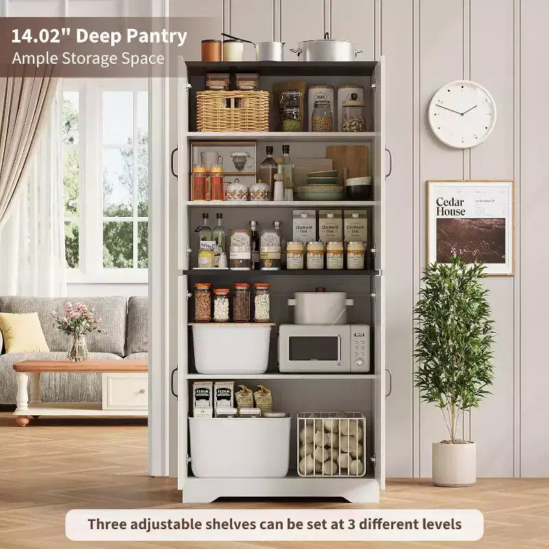 69 Farmhouse Kitchen Pantry Cabinet with 4 Doors & 2 Adjustable Shelves, Freestanding Storage Cupboard for Dining Room, Living Room, or Kitchen