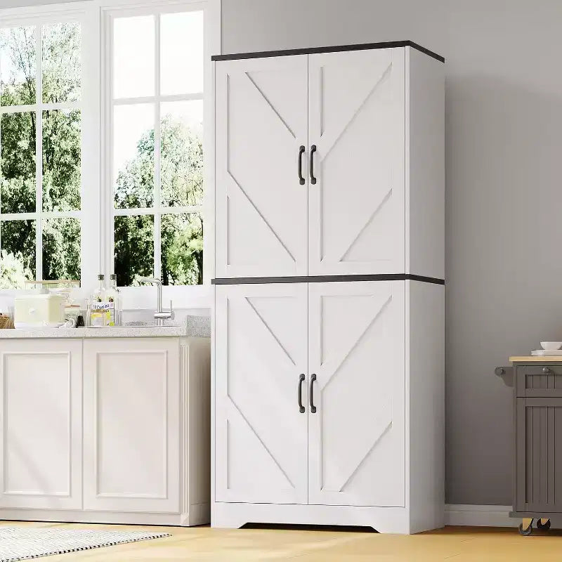 69 Farmhouse Kitchen Pantry Cabinet with 4 Doors & 2 Adjustable Shelves, Freestanding Storage Cupboard for Dining Room, Living Room, or Kitchen