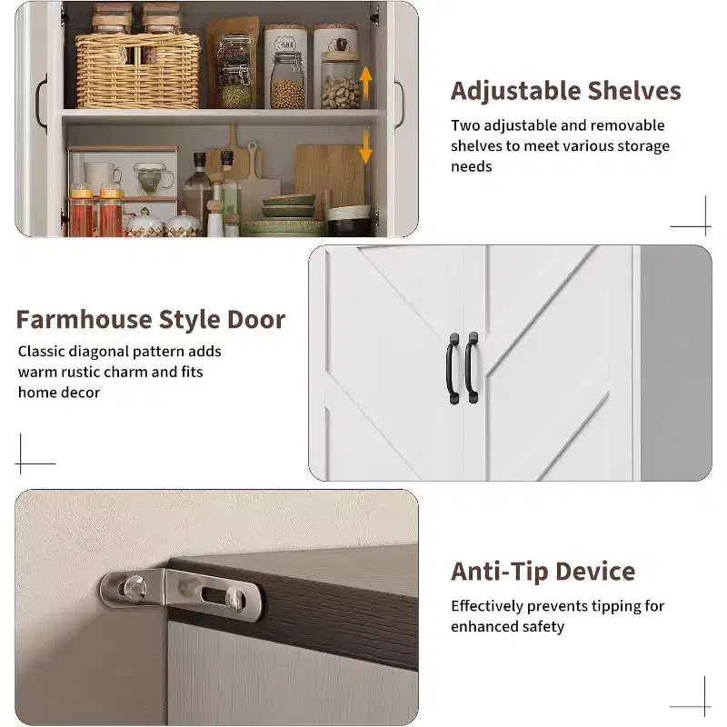 69 Farmhouse Kitchen Pantry Cabinet with 4 Doors & 2 Adjustable Shelves, Freestanding Storage Cupboard for Dining Room, Living Room, or Kitchen