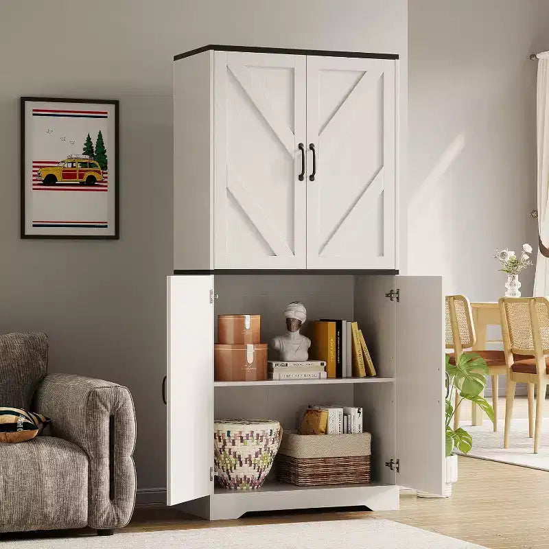 69 Farmhouse Kitchen Pantry Cabinet with 4 Doors & 2 Adjustable Shelves, Freestanding Storage Cupboard for Dining Room, Living Room, or Kitchen