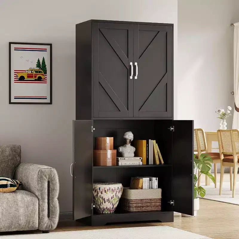 69 Farmhouse Kitchen Pantry Cabinet with 4 Doors & 2 Adjustable Shelves, Freestanding Storage Cupboard for Dining Room, Living Room, or Kitchen
