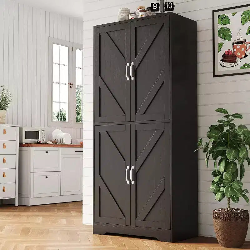 69 Farmhouse Kitchen Pantry Cabinet with 4 Doors & 2 Adjustable Shelves, Freestanding Storage Cupboard for Dining Room, Living Room, or Kitchen