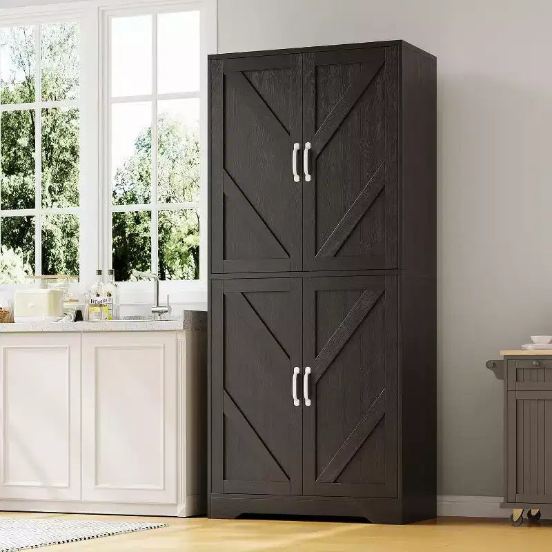 69 Farmhouse Kitchen Pantry Cabinet with 4 Doors & 2 Adjustable Shelves, Freestanding Storage Cupboard for Dining Room, Living Room, or Kitchen