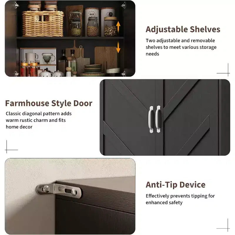 69 Farmhouse Kitchen Pantry Cabinet with 4 Doors & 2 Adjustable Shelves, Freestanding Storage Cupboard for Dining Room, Living Room, or Kitchen