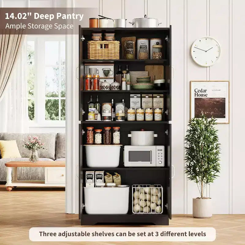 69 Farmhouse Kitchen Pantry Cabinet with 4 Doors & 2 Adjustable Shelves, Freestanding Storage Cupboard for Dining Room, Living Room, or Kitchen