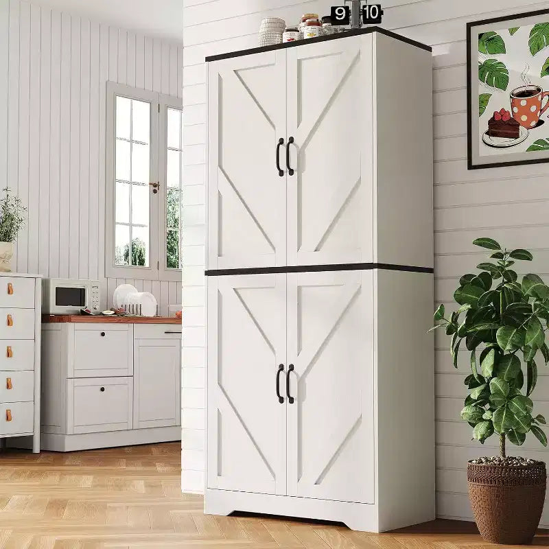 69 Farmhouse Kitchen Pantry Cabinet with 4 Doors & 2 Adjustable Shelves, Freestanding Storage Cupboard for Dining Room, Living Room, or Kitchen
