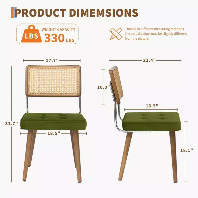 Set di 2 sedie da pranzo, seduta in velluto e schienale in rattan intrecciato - Sedie da cucina con schienale alto in canna intrecciata e gambe in legno, per sala da pranzo o cucina - Verde
