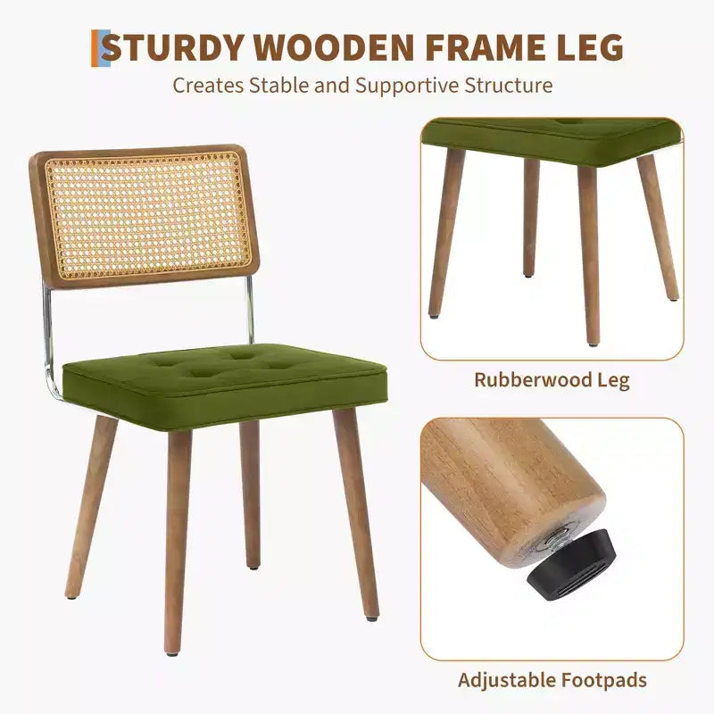 Set di 2 sedie da pranzo, seduta in velluto e schienale in rattan intrecciato - Sedie da cucina con schienale alto in canna intrecciata e gambe in legno, per sala da pranzo o cucina - Verde