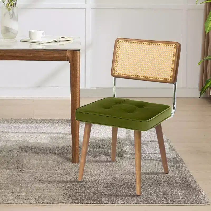 Set di 2 sedie da pranzo, seduta in velluto e schienale in rattan intrecciato - Sedie da cucina con schienale alto in canna intrecciata e gambe in legno, per sala da pranzo o cucina - Verde
