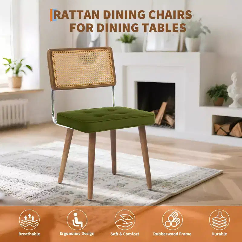 Set di 2 sedie da pranzo, seduta in velluto e schienale in rattan intrecciato - Sedie da cucina con schienale alto in canna intrecciata e gambe in legno, per sala da pranzo o cucina - Verde