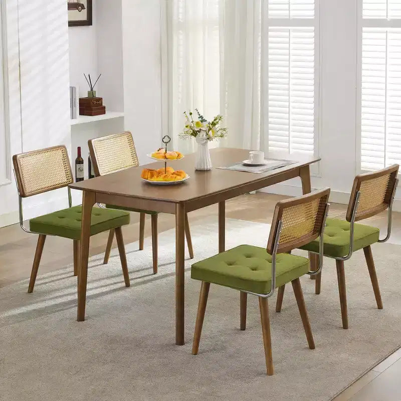 Set di 2 sedie da pranzo, seduta in velluto e schienale in rattan intrecciato - Sedie da cucina con schienale alto in canna intrecciata e gambe in legno, per sala da pranzo o cucina - Verde
